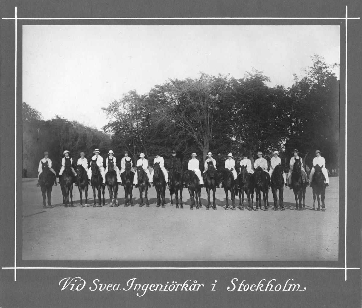 Svea Ingenjörkår Ing1 i Stockholm linje med hästar och ryttarinnor.
