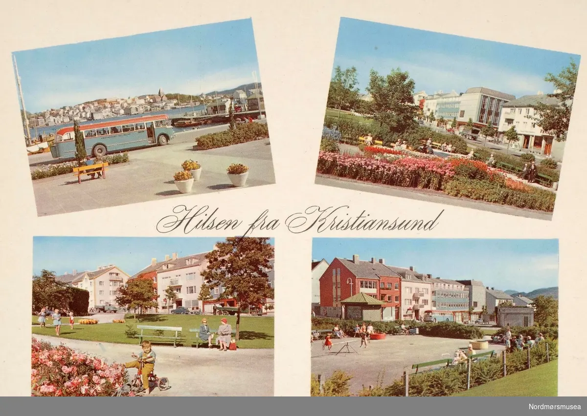 Postkort med fire motiv fra Kirkelandet i Kristiansund. Det øverste bildet til venstre viser en buss ved busslommen nær Rådhusplassen i front (tidligere fisketorget) og Kirkelandet allmenning/Piren ytterst til høyre i bakgrunnen. Mens de påfølgende tre bildene viser motiv fra parken og med Langveien i bakgrunnen. Bildet er trolig fra rundt 1964-1967. Utgitt av Knut Aune kunstforlag A/S, ved Sverdrups Bokhandel A/S. Fra Nordmøre Museums fotosamlinger.
