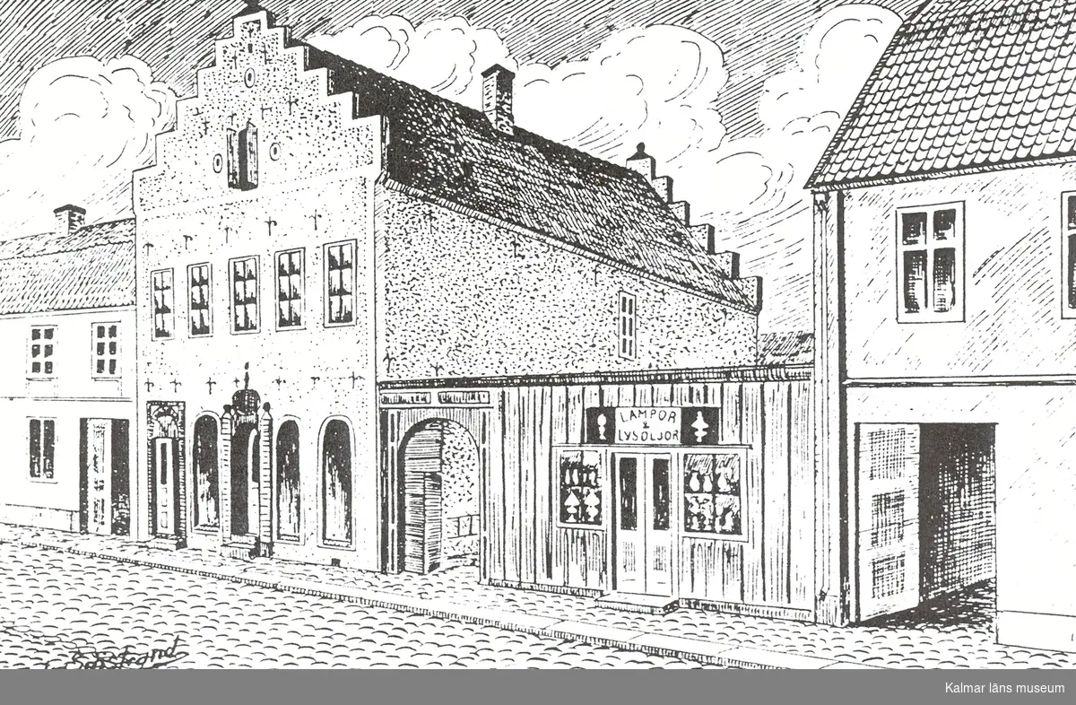 Teckning av John Sjöstrand. En Storgatsbild på 1880-talet. Cerstenska huset byggd 1667 på Storgatan i Kalmar.