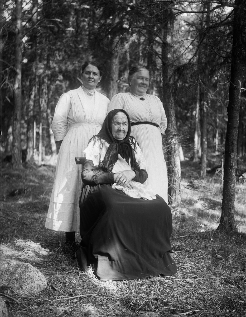"Mor Lindvall, Johanna Karlstrand och Tilda Lindvall", i skogsbacke vid Billerstena, Altuna socken, Uppland 1920