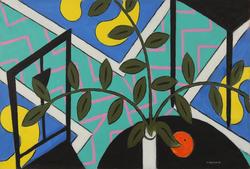 Arrangement med turkis vase [Maleri]