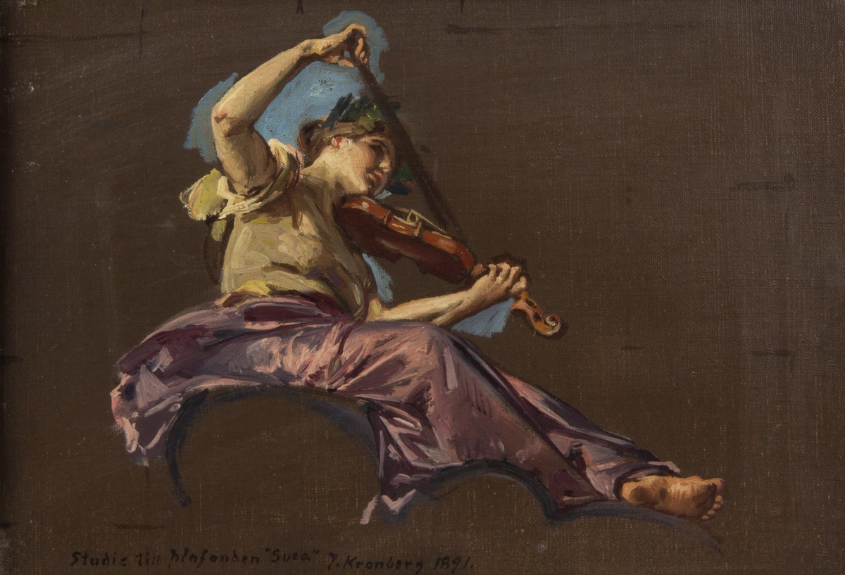 Sittande kvinna som spelar fiol. Figurstudie mot brun bakgrund.