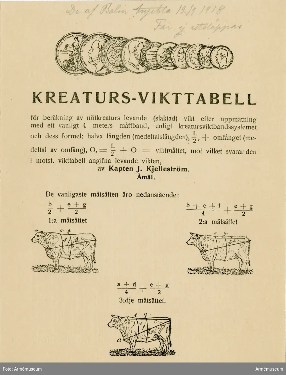Grupp MV.

Kreatursvikttabell, instruktion för beräknande av nötkreaturs vikt, Åmål 1918.
4 likadana dokument.