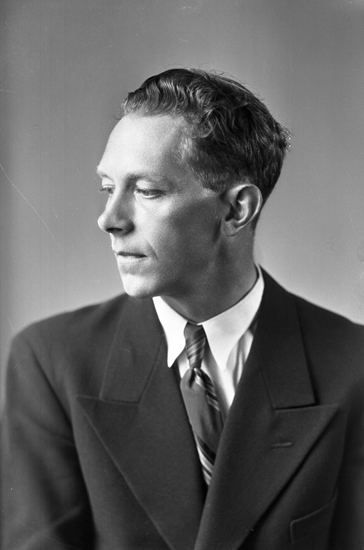 Foto av en man i mörk kostym med slips.
Bröstbild, halvprofil. Ateljéfoto.

Kan ev. vara: Bror Johan Lennart Johansson (1911-1994), Alvesta.
Källa: Sveriges Dödbok 1901-2009.