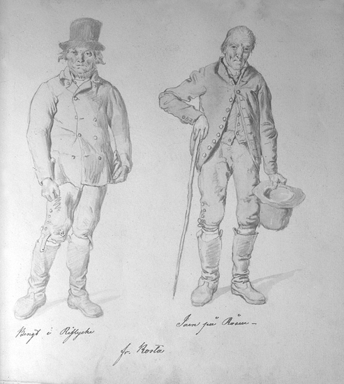 Teckning av Kilian Zoll, två karlar med hattar, iklädda jackor och stövlar m.m.. 
Den ena försedd med texten: "Bengt i Reflycke", den andra med text: "Joen på Roåsen (?)" (fr. Kosta.).