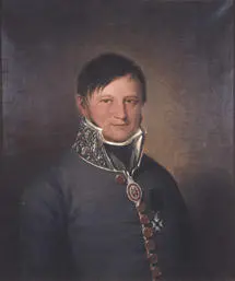 Portrett av Johan Collett. Mørk grå uniform, medalje i bånd om halsen, orden festet på brystet.