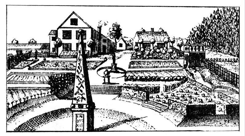 En tegning viser noen bygninger i bakgrunnen, i forgrunnen en strengt anlagt og symetrisk park med hekker, beplantning og en bautalignende utsmykning
