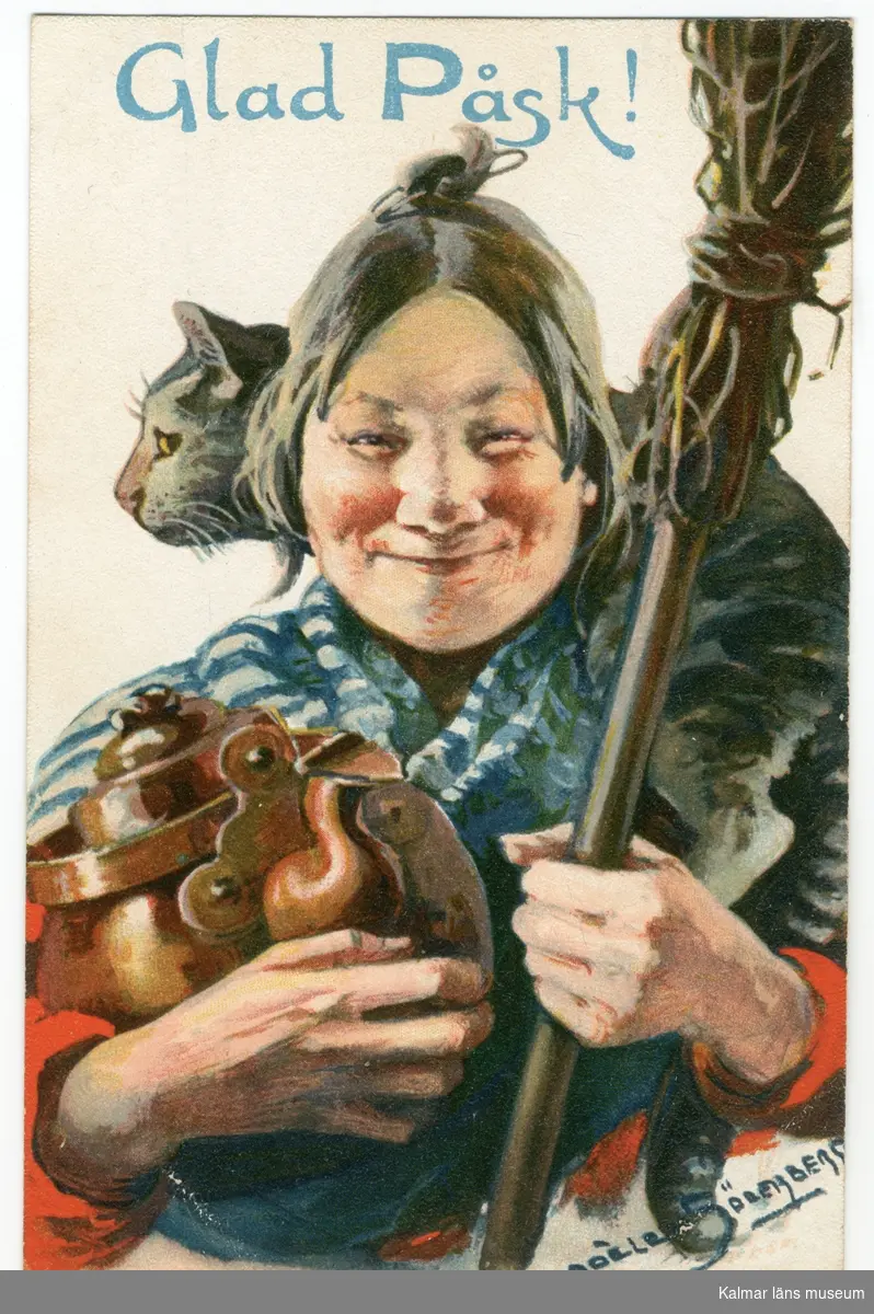 En påskkärring står med en kopparkittel i famnen och en kvast i ena handen. På hennes axel sitter en randig katt.