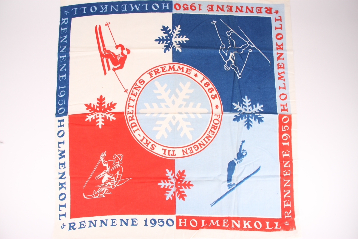 Offisielt skjerf laget til Holmenkollrennene i 1950 dekorert med tekst samt en alpinist, en langrennsløper, en skihopper og "fuglemannen" fra Skiforeningens logo.