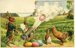 Postkort  med påskemotiv, med påskehare og fargeglade egg,