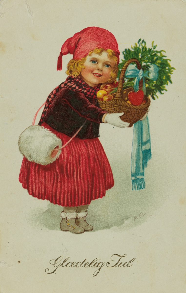 Julekort. Jule-og nyttårshilsen. Pike med muffe og gavekurv. Norges Røde Kors-frimerke. Signert 22.12.1928.