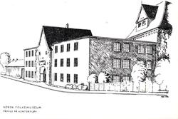 Postkort. Påbygging av museets kontorfløy. Bruksbygninger, N