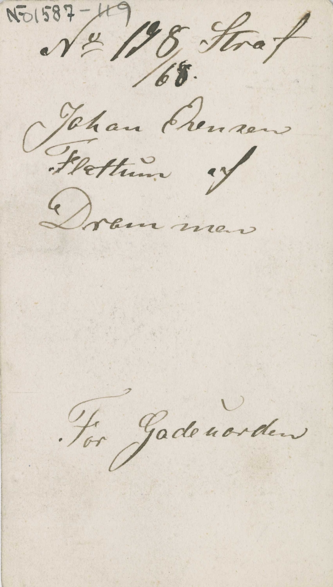 Fangeportrett. Johan Evensen Flettum, Drammen, arrestert i 1868, innsatt i distriktsfengslet i Hokksund for gateuorden.