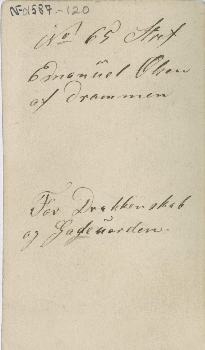 Fangeportrett. Emanuel Olsen, Drammen, arrestert i 1866 eller 1867, innsatt i distriktsfengslet i Hokksund for drukkenskap og gateuorden.
