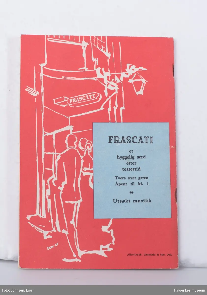 Illustrasjon av Tobias i tårnet og røverne på forsiden, reklame for spisestedet Frascati  baksiden.