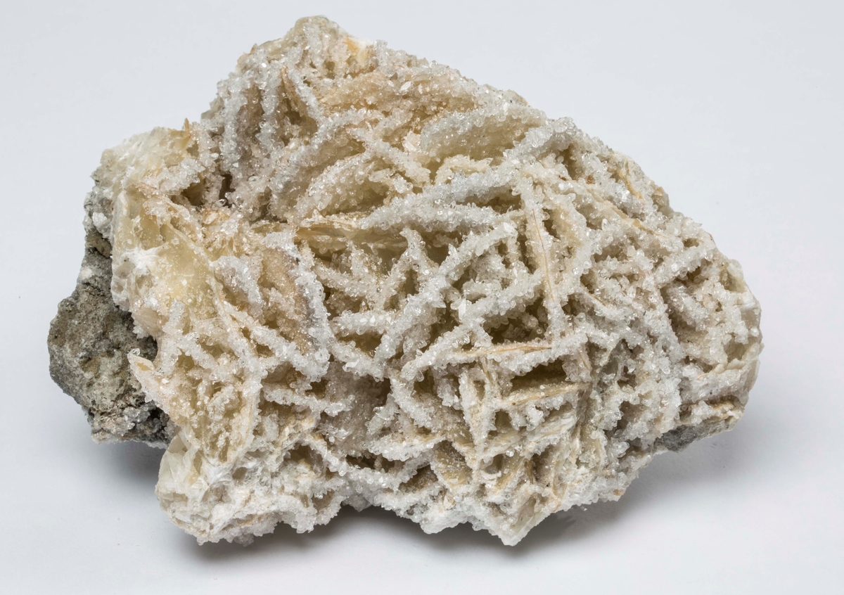 Apofyllitt, små krystaller på kammer av kalsitt.
Dalen-Kjørholt, 263N.