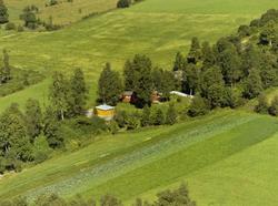 Liten rød bygning bak trær. Gult uthus.  Kulturlandskap.