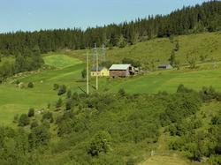 Kulturlandskap. Småbruk. Gul bygning. Litt dyrka mark, mye u