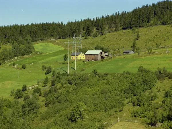 Kulturlandskap. Småbruk. Gul bygning. Litt dyrka mark, mye u