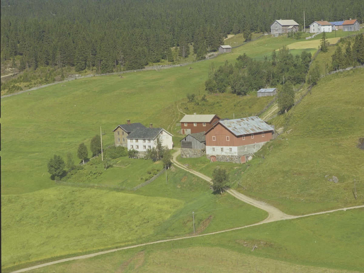 Gård,Stort, toetasjes, hvitt våningshus, et umalt våningshus bak. Stor ...