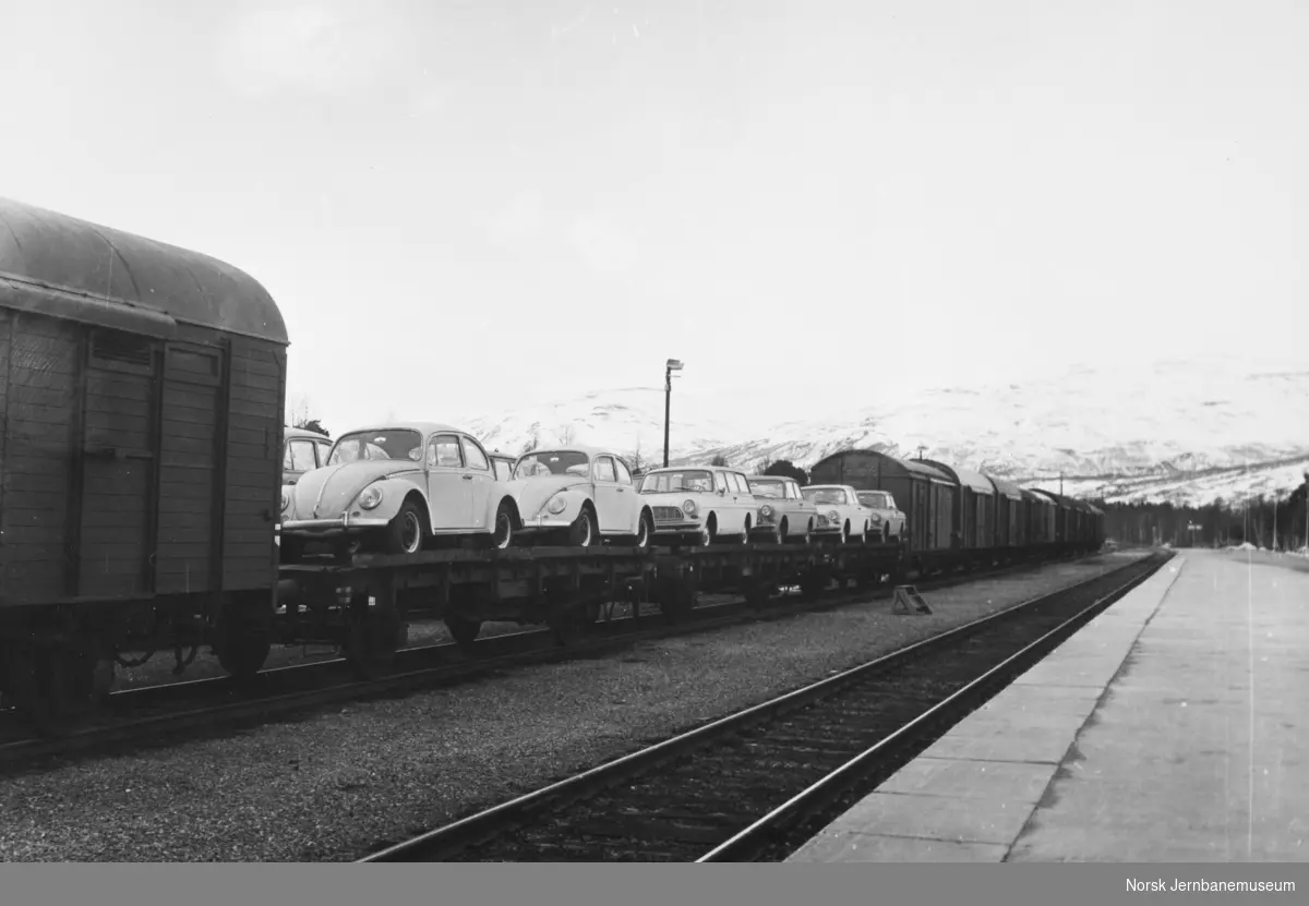 Nye biler opplastet på godsvogner i tog på Oppdal stasjon