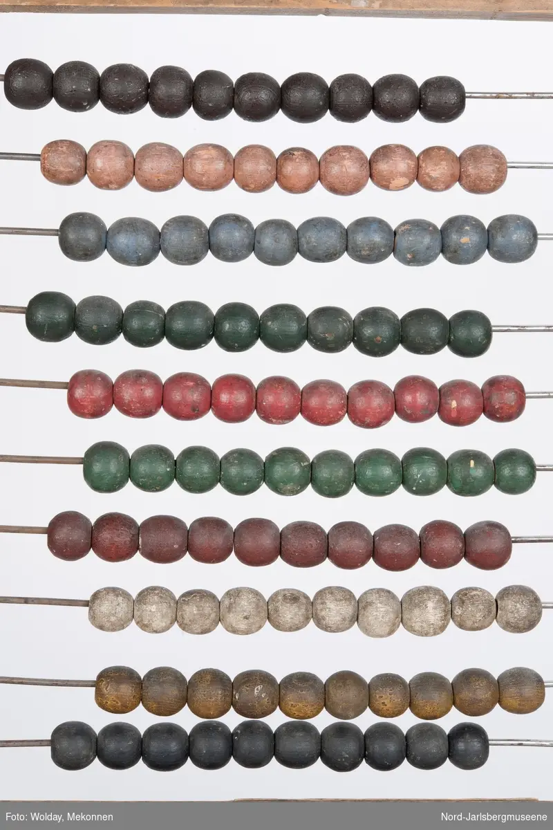 Kuleramme i tre, med ti metallstrenger á ti kuler, rtammen i umalt tre, mens kulene er malt i forskjellige farger.