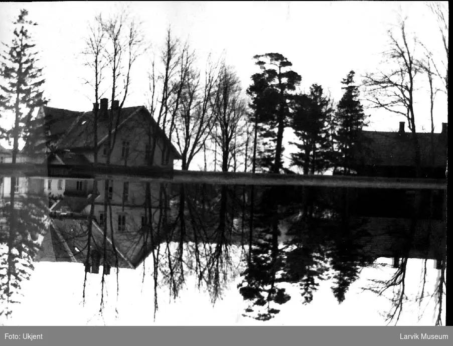 Herregårdsdammen i Larvik, hus, trær som speiler seg i vann