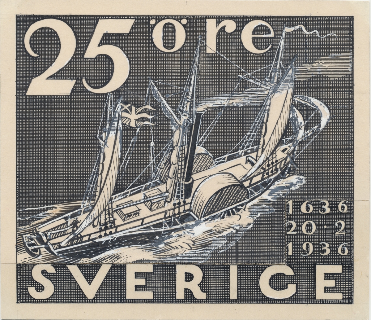 Förlagor från år 1936 som verkar som underlag till frimärket Postverket 300 år.