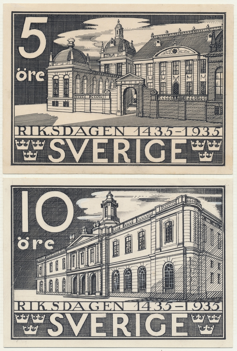 Förlagor från år 1935 som verkar som underlag till frimärket Riksdagen 500 år.
