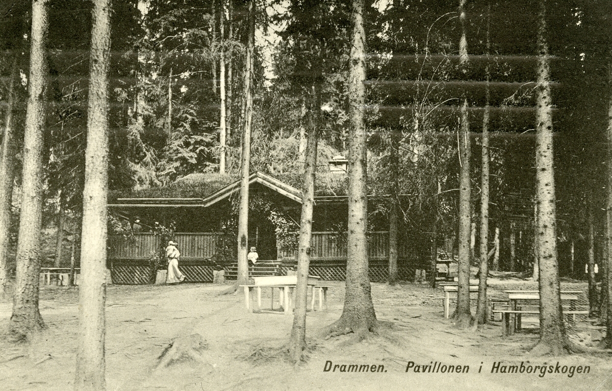 Postkort med motiv av paviljongen i Hamborgskogen i Drammen.