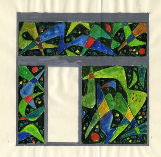 Gouache/färg på papper.
Skissförslag på utsmyckning, blyinfattning, 230 x 230 mm.
Delad i fyra delar (gyllene snittet) , där en ruta är tom (trol. för dörr) .
Mönstret är abstrakt med svart botten, övriga färger: blått, grönt,
rött och gult.

Inskrivet i huvudbok 2010.
Montering/Ram: Ej monterad