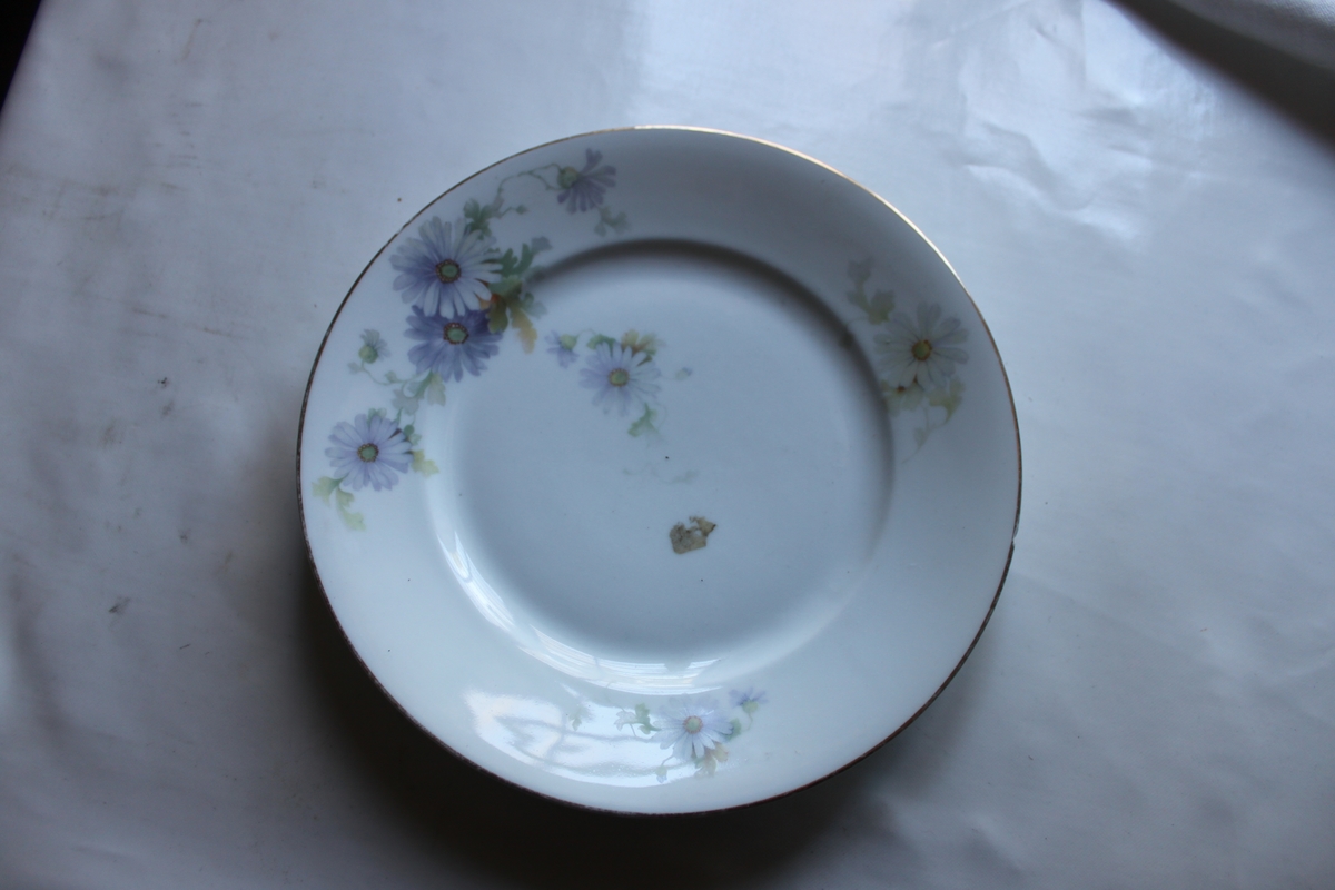 Tallrik av porslin, har plan botten, 3,5 cm brett slätt bräm. Vitglasyr med tryckt dekor i form av blå prästkrageliknande blommor.