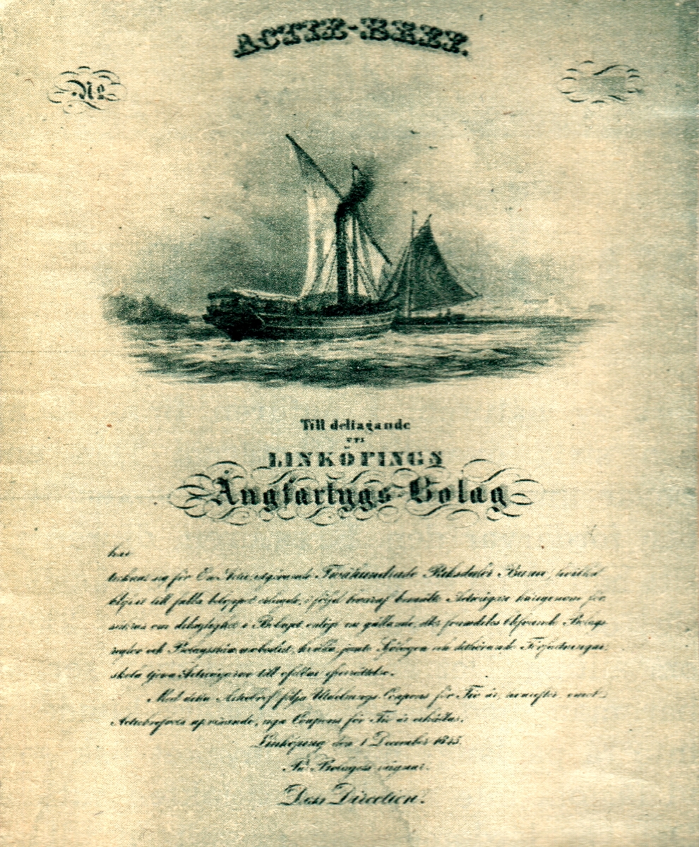 Aktiebrev.
Bilden är monterad på ett albumblad. Orig. text till bilden: Ovan: Aktiebrev 1845. Hamnen blev byggd. Linköpings nuvarande hamn blev färdig 1867, men redan dessförinnan hade staden en hamn vid Nykvarn i förbindelse med Roxen och Göta kanal.
