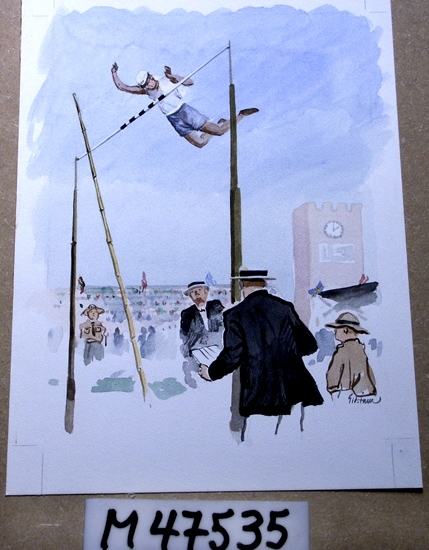 Akvarellmålning.
Motivet föreställer en höjdhoppare på väg över ribban. 
Två män i svarta kavajer syns i förgrunden. I fonden skymtar 
man delar av Stockholms Stadion.