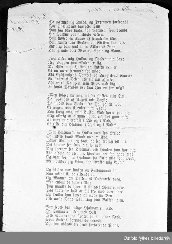 Viseheftet "Kjærlighedsvisen om Hjalmar og Hulda", pris 10 øre, utgitt før 1908.

Påskrift på første side: Jenny Flaten Tukkun  Torsdag 27. August 1908.