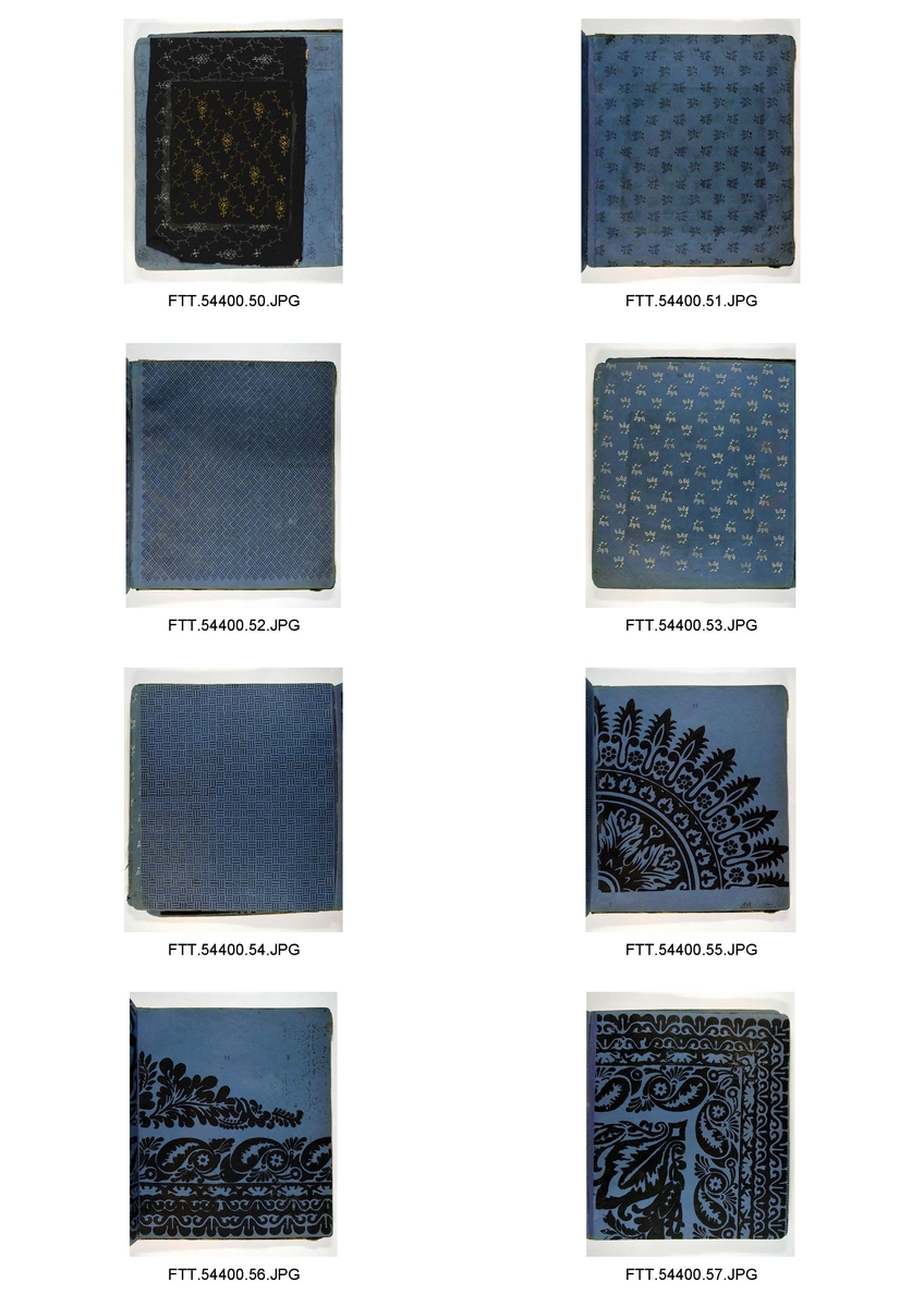 Bok med trykkblokkmønstre fra farver H. N. Schjølbergs arkiv.
