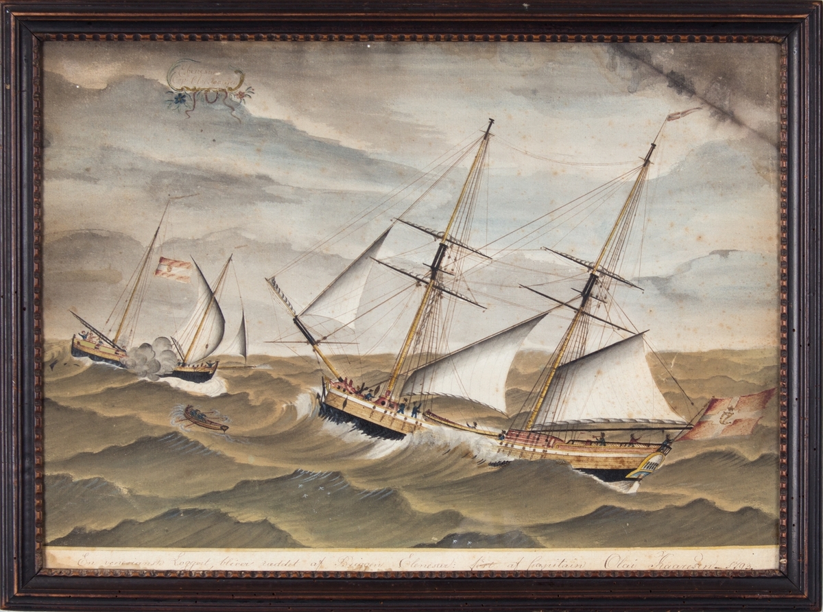 Briggen EBENESAR, ført av kaptein Olai Kaaresen i 
1793, redder en veneziansk loggert i stormende vær. Flagg akter med C.J.
