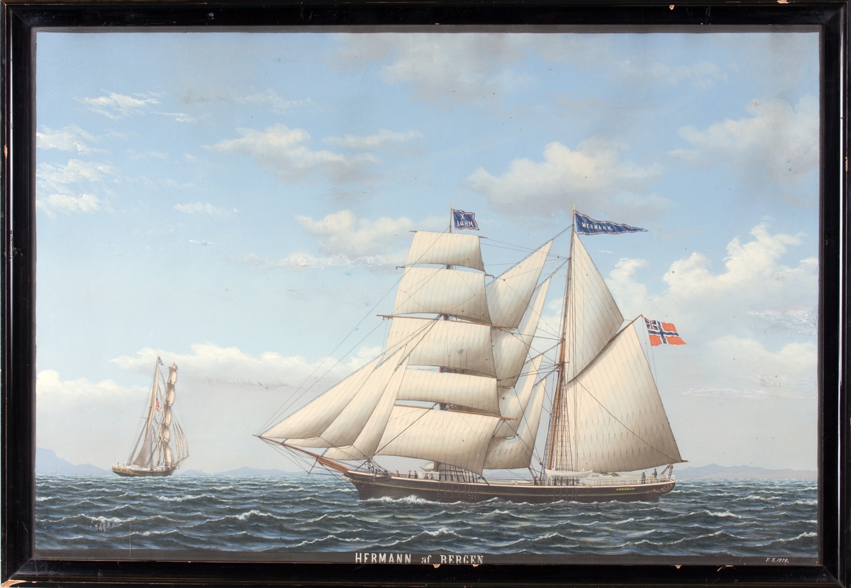 Skipsportrett av skonnertbrigg HERMAN (HERMANN) av Bergen. Viser skipet sett fra side og akter. På fortopp flagg X
JQHM i blått med rød/hvit kant. Unionsflagg under gaffelen, navnevimpel på mesanmasten.