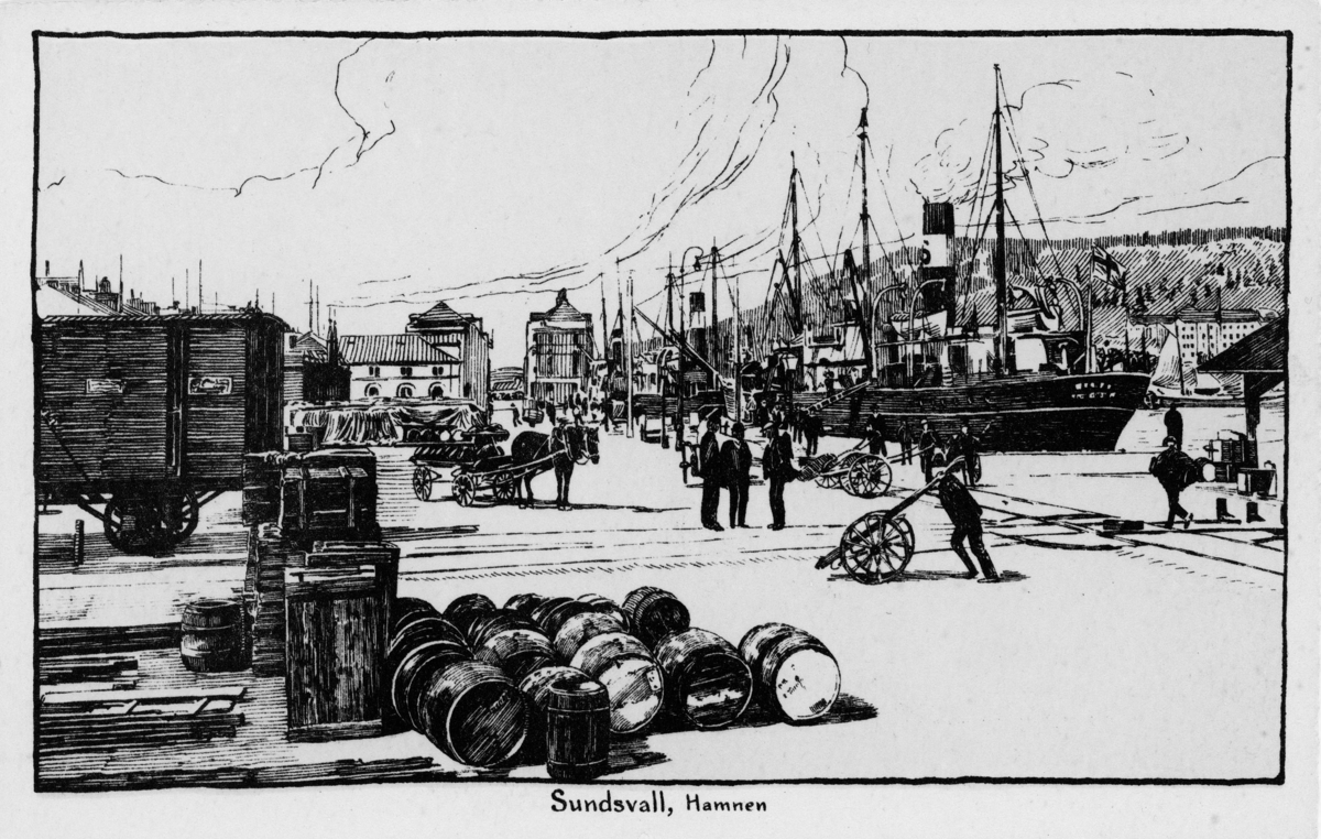Hamnen med bland annat  båtar, tunnor och arbetsfolk. Illustration utifrån fotografi. Bildtext på vykort "Sundsvall, Hamnen".