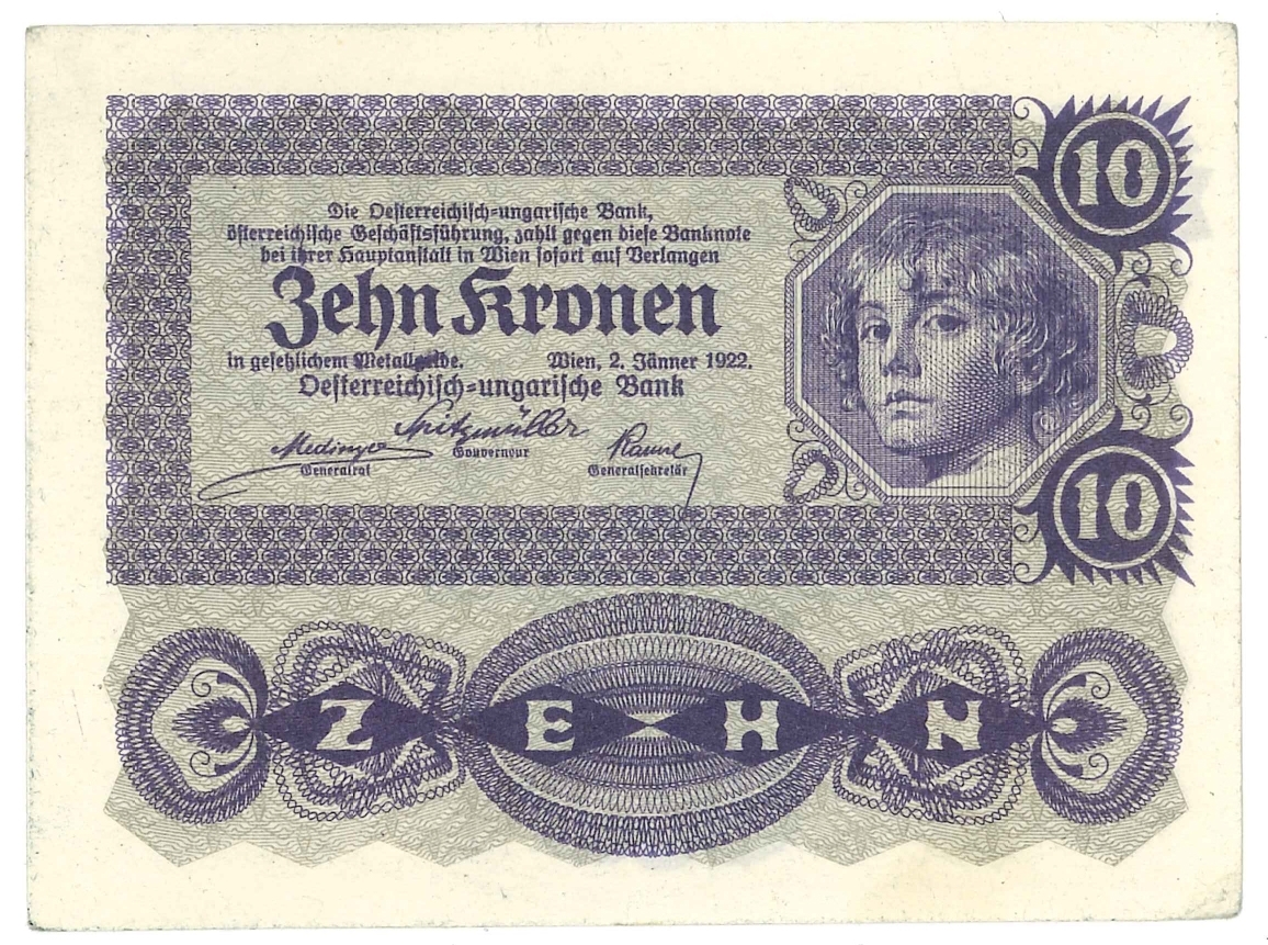 Sedel från Österrike 
År: 1922
Valör: 10 Kronor

Ingår i en samling med sedlar och nödsedlar från Österike.