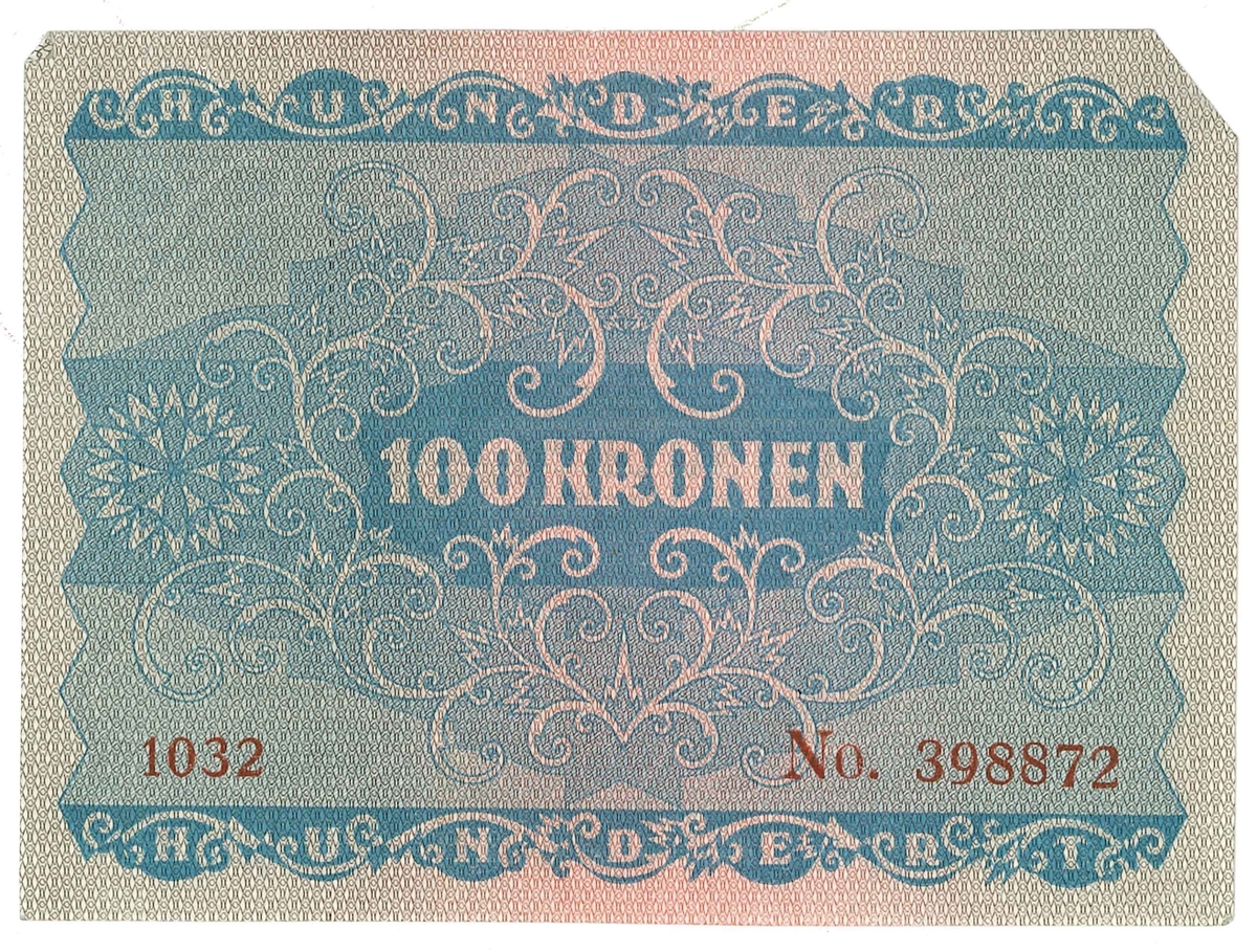 Sedel från Österrike 
År: 1922
Valör: 100 Kronor

Ingår i en samling med sedlar och nödsedlar från Österike.