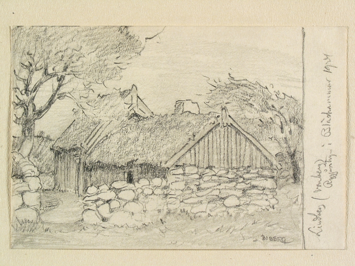 Halland, Himle hd., Lindbergs sn. Ryggåsstuga i Bläshammar. Teckning av Ferdinand Boberg