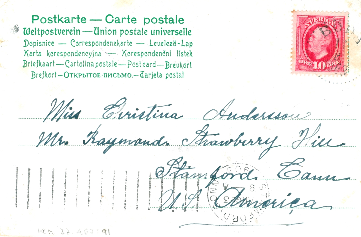 Ett vykort till Kristina Andersson, Stamford, Connecticut. Det är skrivet av Edvard Nilsson i Böda.