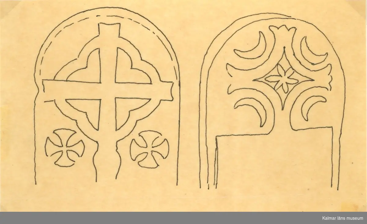 Skiss av två gavelhällar av röd kalksten, ursprungligen från en gravvård från 1200-talet.