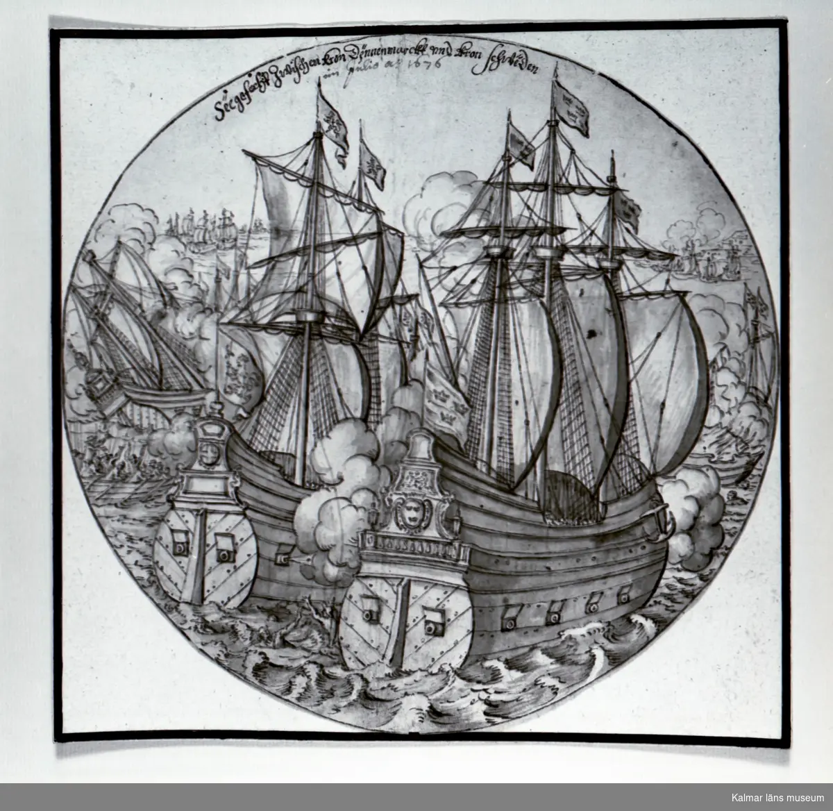 Kronan och segelfartyg från Danmark i strid, rund akvarellteckning.