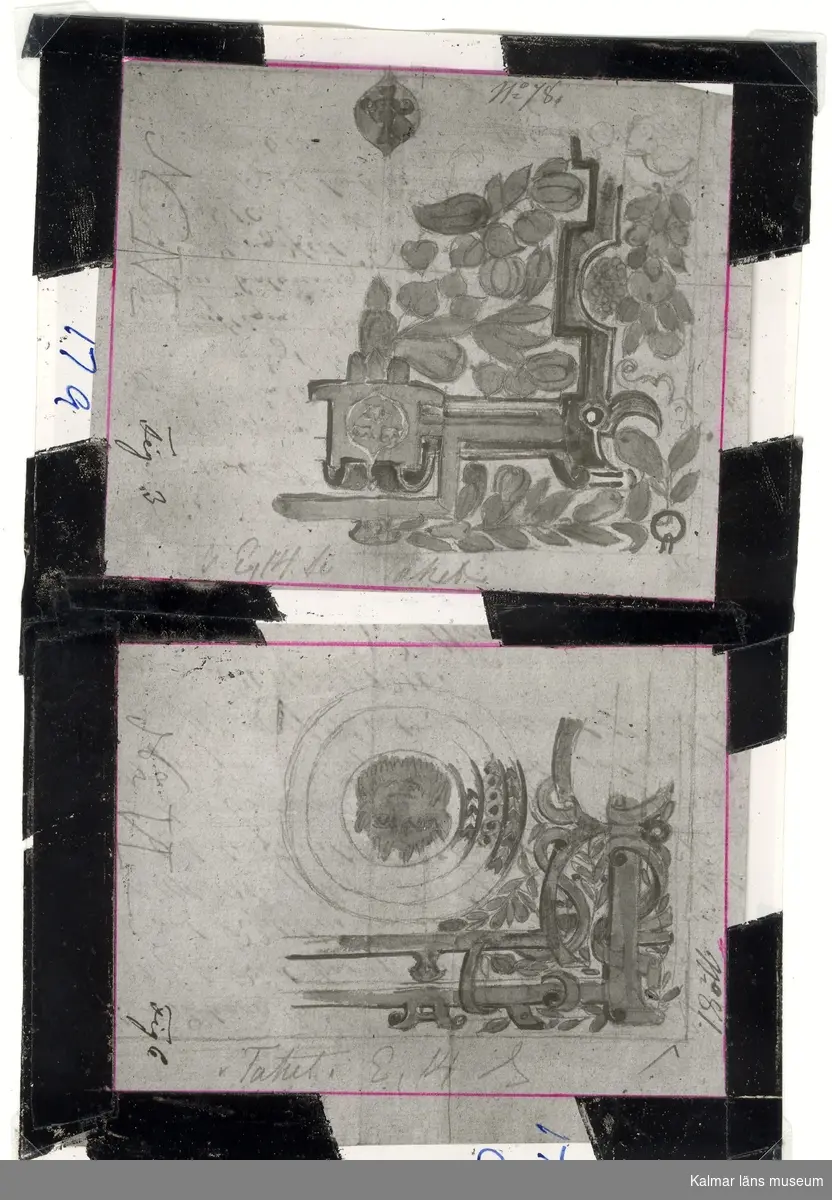 Detalj av kassettaket i Kungsmaket på Kalmar slott. Skisser av Nils Månsson Mandelgren 1848.
På vissa plåtar har Martin Olsson klistrat eltejp för att markera hur bilden skulle beskäras i boken.