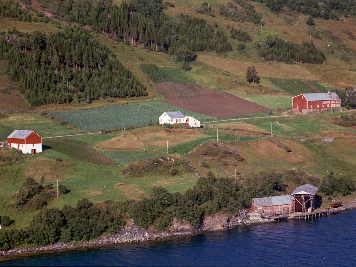 Flyfoto fra Vik i Kvæfjord. I forgrunnen en brygge og en nothjell.