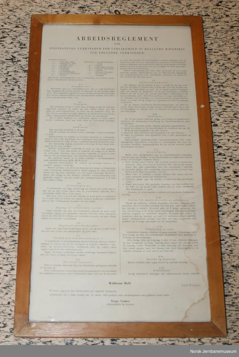 Arbeidsreglement for Statsbanenes verksteder for vedlikehold av rullende materiell godkjent 14. oktober 1943