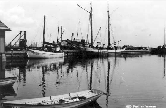 Parti av hamnen i Hjo. Den 2-mastade skutan: Storfursten av Aspa.