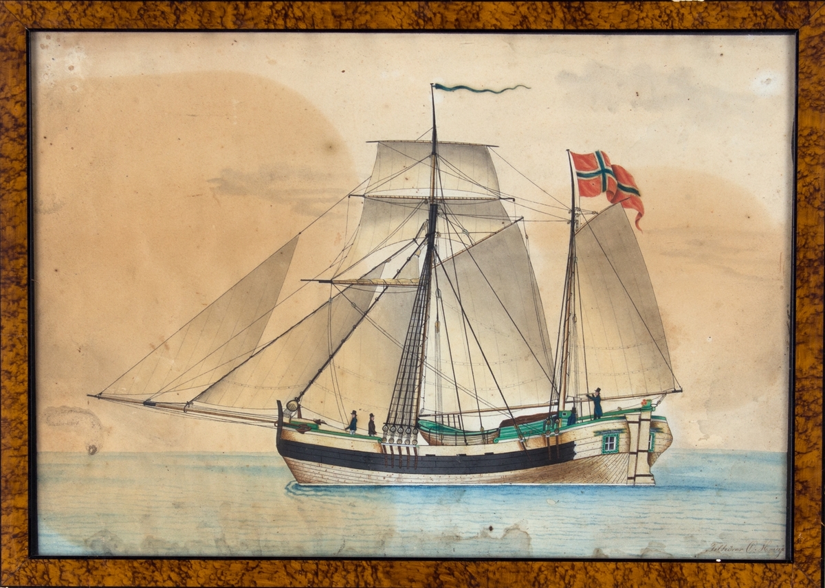 Skipsportrett av koff  JACOB & HERMAN med full seilføring med norsk flagg akter. På dekk sees bl.a. person med langkikkert.